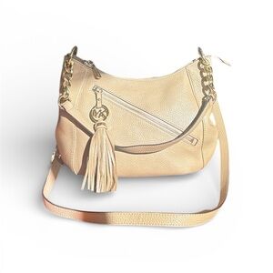 Michael Kors Beige Pebbled Leather Shoulder Bag with Gold Accents
